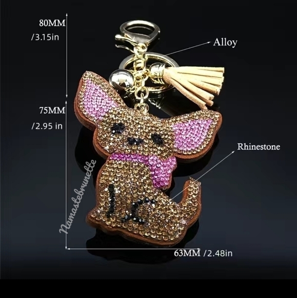 Chihuahua Dog Crystal Rhinestone Keychain Bag Charm With Black Tassel - Picture 17 of 17
